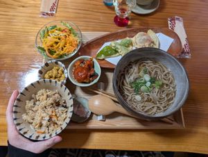 Soba lunch set with hot soba, all was divine!! at Vegan Soba Ramusa - 楽夢咲 in Nara