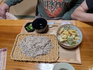 Tempura lunch set with cold soba side at Vegan Soba Ramusa - 楽夢咲 in Nara