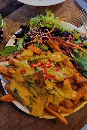 Salted sweet potato fries (topped with eggless sauce) at Afterglow by ANGLOW in Central Singapore