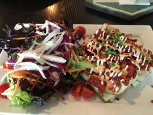 RAW CRISPY LASAGNE
zucchini sheets, cashew nut cream cheese, pine nuts Et mixed herbs pesto, crispy dehydrated cherry tomatoes, marinated baby spinach, shiitake mushroom, walnut, garden salad with honey lemon mint dressing (optional) at Afterglow by ANGLOW in Central Singapore