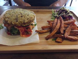 Rice Burger with sweet potato fries at Afterglow by ANGLOW in Central Singapore