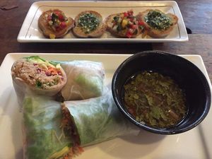 Vegan Summer rolls with dip sauce and bruschetta. at Afterglow by ANGLOW in Central Singapore
