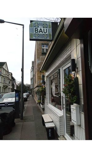 café entrance in a side street at Café BAU in Cologne