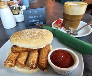 Breakfast bap and oatmilk cortado at Coffee Chameleon  in Sandown