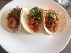Vegan Sweet Potato Tacos at Nosh Eatery and Tap in Saskatoon