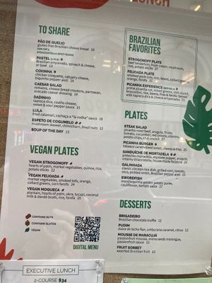 Wall menu, featuring vegan plates at Berimbau Brazilian Kitchen - Midtown in New York City