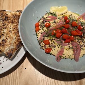Hummus with Za’atar Pita  at Bardō - Brant St Burlington in Burlington