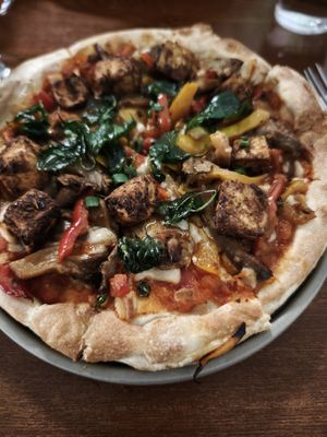 (very spicy!!!) pizza with vegan cheese and tofu cubes and veggies at DuLi in Beijing
