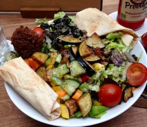 Delicious “Vegi-Salad” with Falafel instead of feta cheese  at Vegi in Tubingen