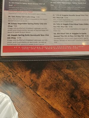 Menu at Pho Ngon in Norristown