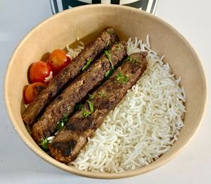 Kebabs and rice  at Lifter Life in Dubai