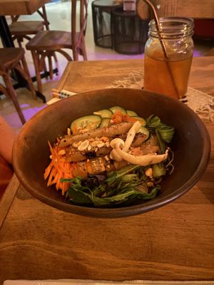 My wife had the Seitan Bo-Bum; see menu photo for ingredients   at Cósmica Cocina  in Puerto Vallarta