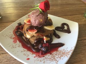 Raw choc berry pancakes at New Earth Cafe in Coolum Beach