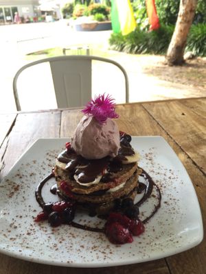 Raw choc berry pancakes at New Earth Cafe in Coolum Beach