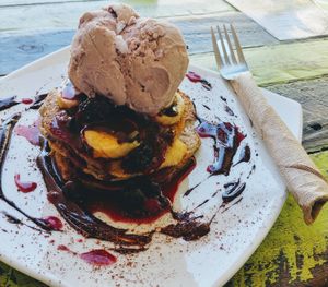 Protein pancake stack (choc berry) at New Earth Cafe in Coolum Beach