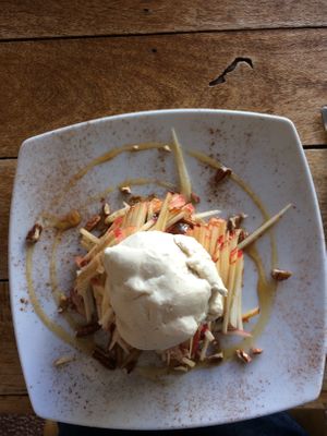 Vegan pancake with Carmel apple sauce, delicious 😋  at New Earth Cafe in Coolum Beach