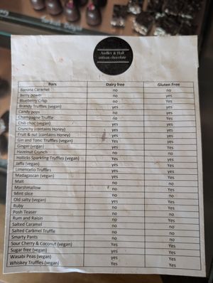 Vegan bar options labelled (vegan)- please note that the Fruit & Nut bar no longer contains honey and is now vegan (old packaging is being used). Owner confirmed this. at Audley & Hall Artisan Chocolate in Port Fairy