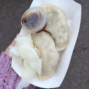 Ms Kim’s Kitchen & More steamed dumplings (so good!)  at San Diego Vegan Food Pop Up Night Market in San Diego