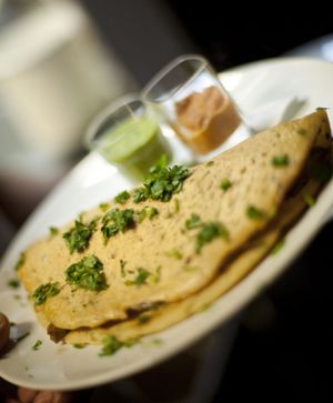 Four-Lentil dosa with Sesame Cilantro Chutney and Tomato Peanut Chutneys  at DC Dosa - Kiosk in Washington