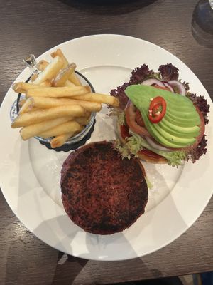 Lentil and beetroot burger with fries  at Kviknes Hotel balestrand in Balestrand