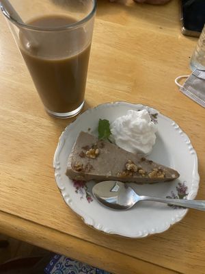 Vegan cheesecake, iced coffee with almond milk  at Monet's Table in Tolland