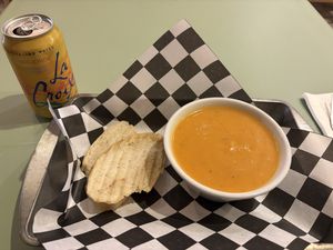 Cup of curried squash soup  at Leaf and Ladle in Bellingham