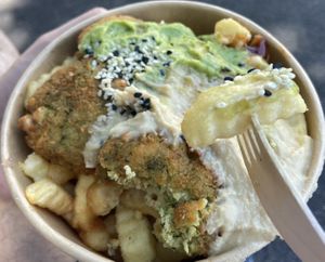 Fries with falafel and hummus  at The Green Garden in Salzburg