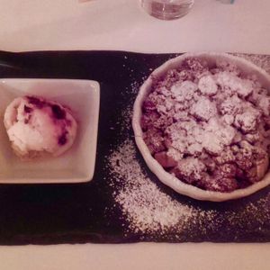 Chocolate pear crumble with ice cream - one of the most delicious desserts I've had! loved it! at The Green Garden in Salzburg
