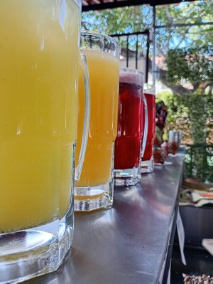 Aguas frescas de Naranja con albahacar, pepino con hiervabuena y jamaica con menta at GL Bagels in Guadalajara