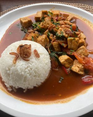 this is the tofu basil with tomato and rice dish i ordered - fully vegan  at Fair Warung Balé in Gianyar
