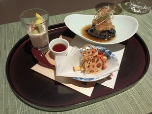 The first course: yuba, eggplant, and vegetable crackers. at The Dining - Shiba Park Hotel in Tokyo