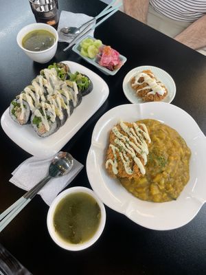 Avocado roll, Soy meat cutlet with Korean curry rice   at Vegenarang in Seoul