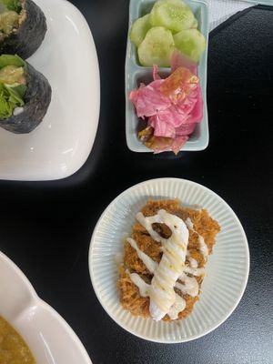 Side dishes (cucumber & picked cabbage), and new testing menu (cutlet with potato cream sauce)  at Vegenarang in Seoul