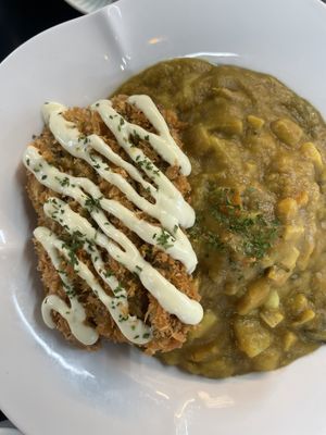 Soy meat cutlet with wasabi mayo sauce & Korean curry rice   at Vegenarang in Seoul