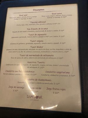 Menu Desayunos at La Petrona in Oaxaca