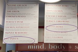 Wall menu, with vegan items highlighted at Soma Salads  in New York City