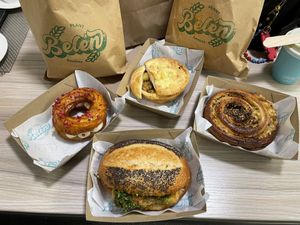 So tasty! Mac and cheese pie, crème brûlée pastry, tofu sandwich and pastry wheel. Also to the side a coconut spiced orange Matcha latte. ❤️  at Belen Plant Bakery - Petone in Petone