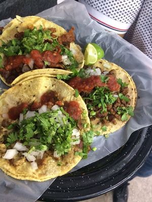 Tacos de pastor, suadero y chimichurri at Por Siempre Vegana - Food Stall in Mexico City