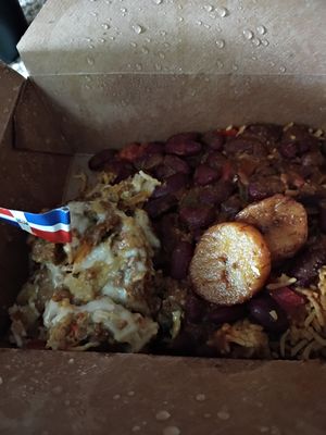 Pastelon, Moro de guandales, kidney beans and plantains at Dominican Garden Cafe in Johnstown