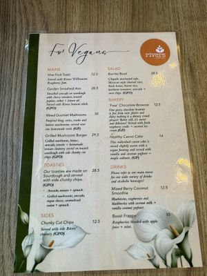 Vegan menu  at Rivers of Yarrambat in Yarrambat