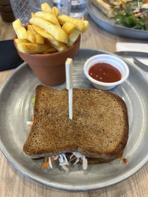 Vegan gluten free mushroom toastie. $30. Tasty but overpriced    at Rivers of Yarrambat in Yarrambat
