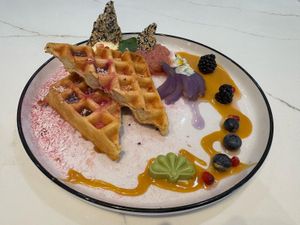 Einkorn waffle with miso caramel at Kadamba Kafe in Brooklyn