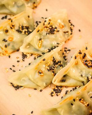 Leek gyozas with soy meat, toasted sesame, and sichuan pepper oil at Shlen - Chamberi in Madrid