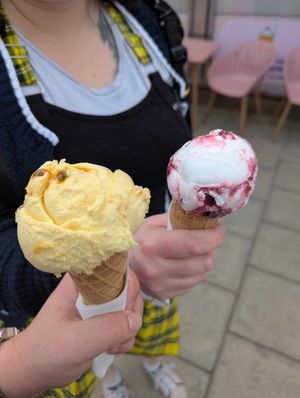 Vegan ice cream flavours mango and passion fruit. And cherry chocolate purchased at milk and honey  at Milk & Honey in Seahouses