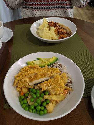 rice with tofu and seasonal vegetables
mashed potatoes with mushrooms and cashews
 at Green Cafe & Shop in Lviv