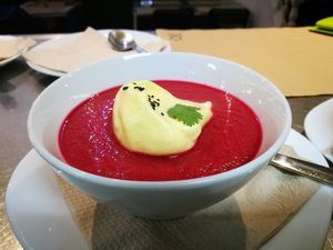Beetroot gazpacho with mango foam.  at Tapaste in Tenerife
