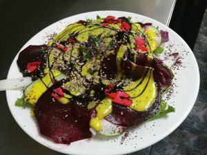 Marinated beetroot salad with pasión fruit dressing.  at Tapaste in Tenerife