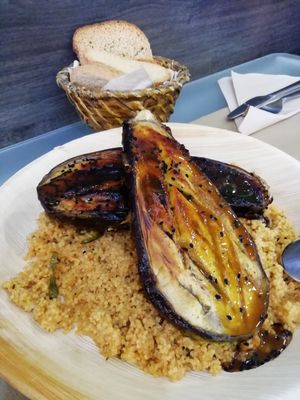 Roasted aubergines on a bed of cous cous at Tapaste in Tenerife