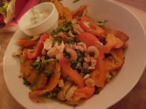 Fantastic salad with cauliflouwecouscous, pumpkin, vegan chicken, tzatziki and other veggies and herbs  at Tati in Nijmegen