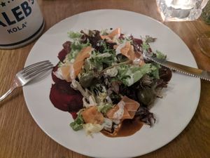 Bietencarpaccio. Very tasteful combination of flavors. The fake salmon tastes very much like salmon at Tati in Nijmegen